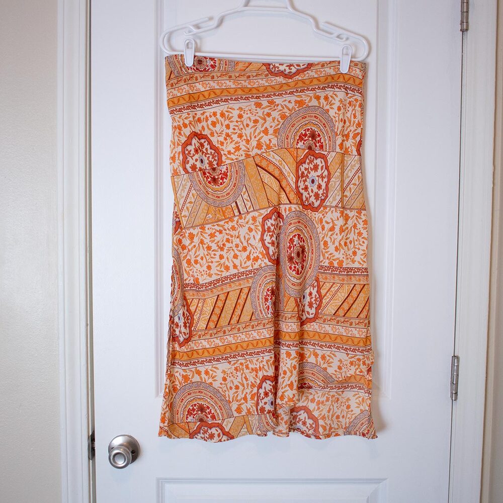 Boho Patchwork Print Midi Skirt Rust Orange Festival Tube Skirt | Soft Autumn